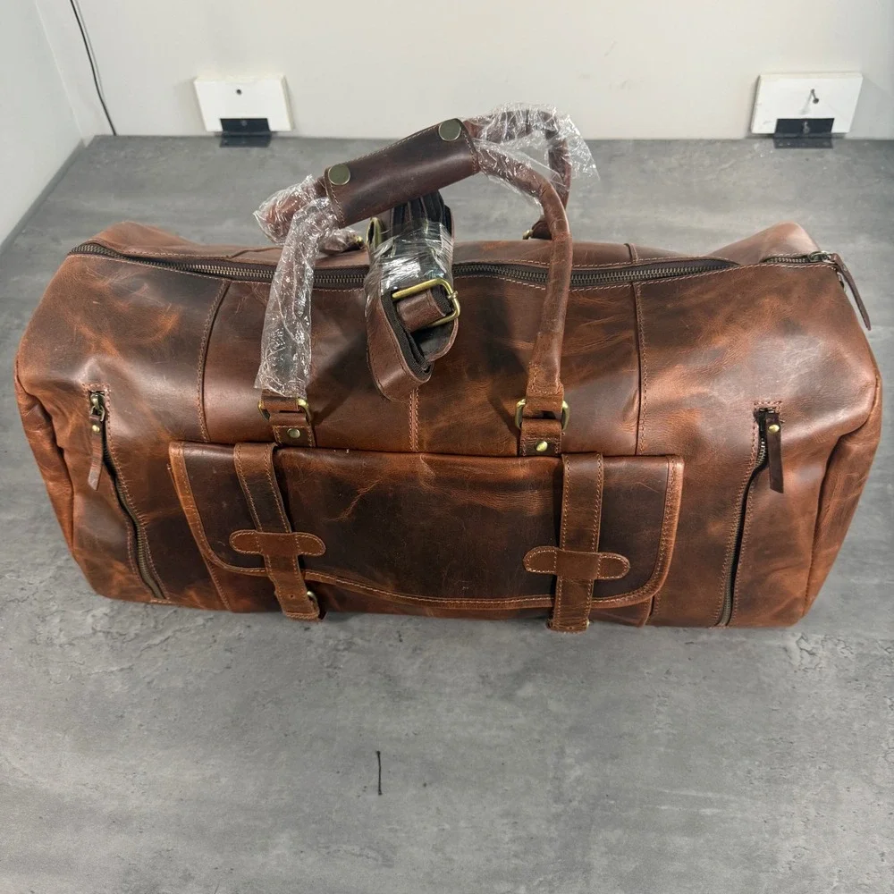 Denver Leather Craft Rio Duffel Men Large Brown Leather Shoe Compartment Travel